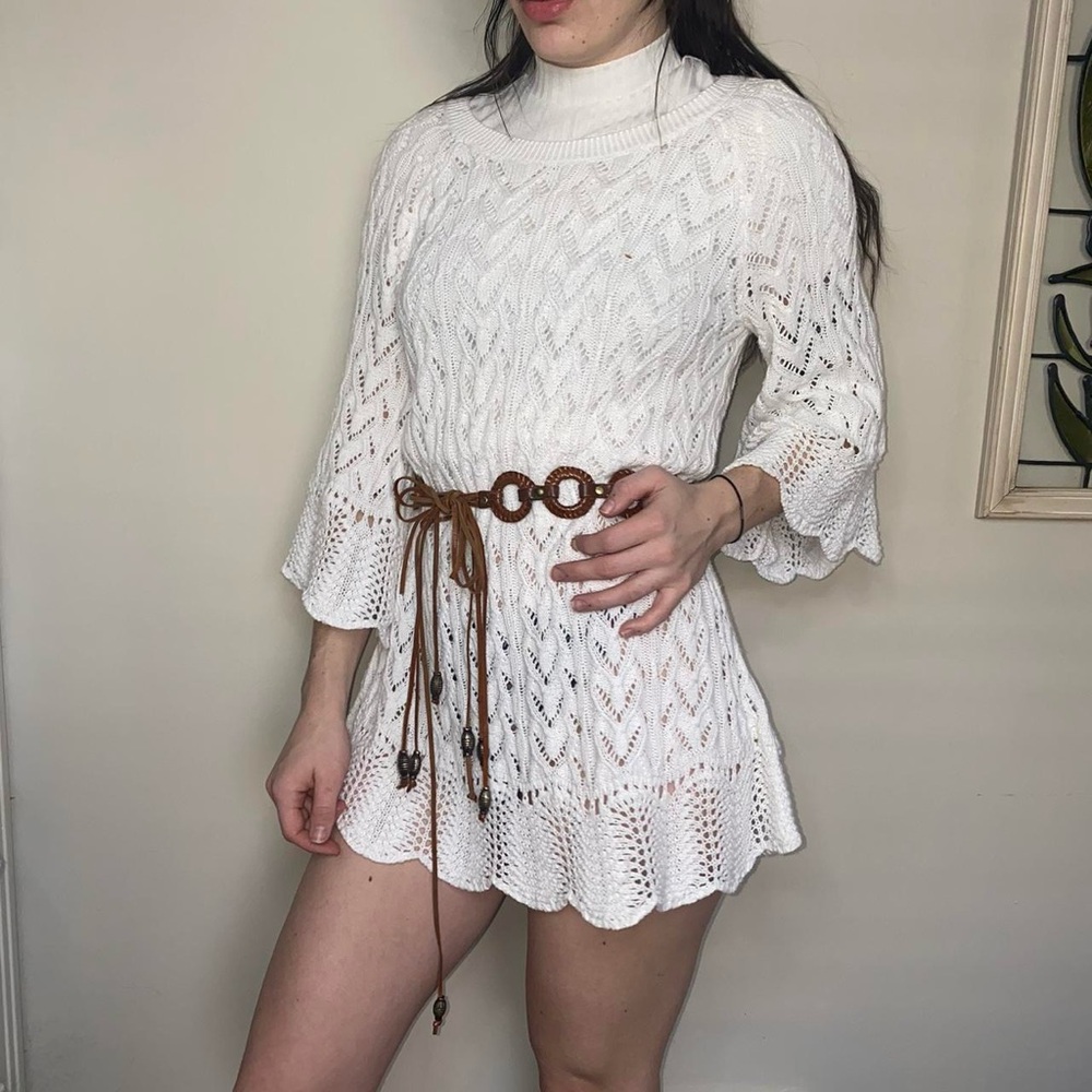 White crochet hippy see through mini dress bell sleeves